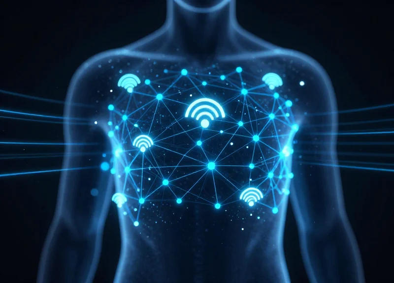 Abstract visualization of RFID signals and security data protection nodes.