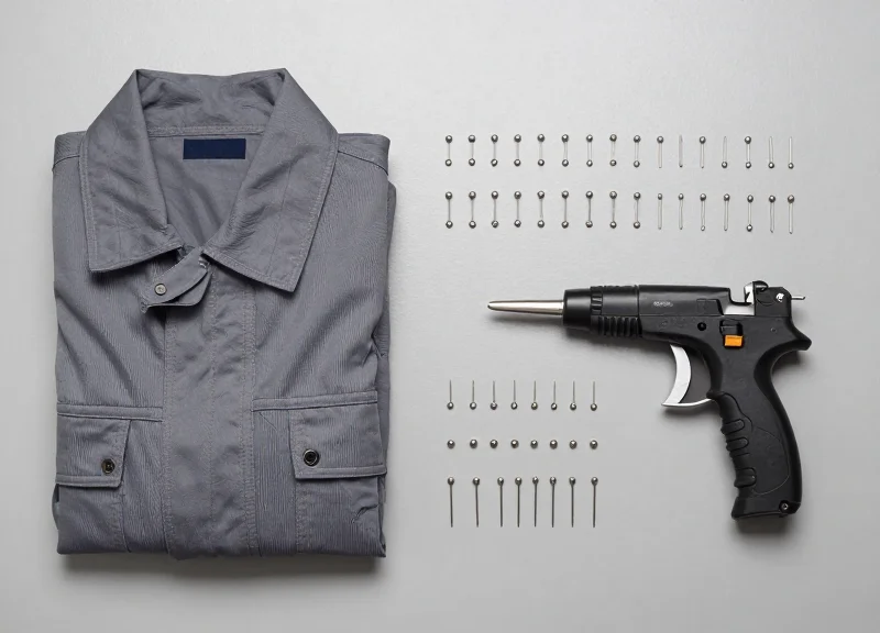 Top-down view of industrial flame-retardant fabric, stainless steel precision pins, and a tagging tool neatly arranged on a clean workbench.