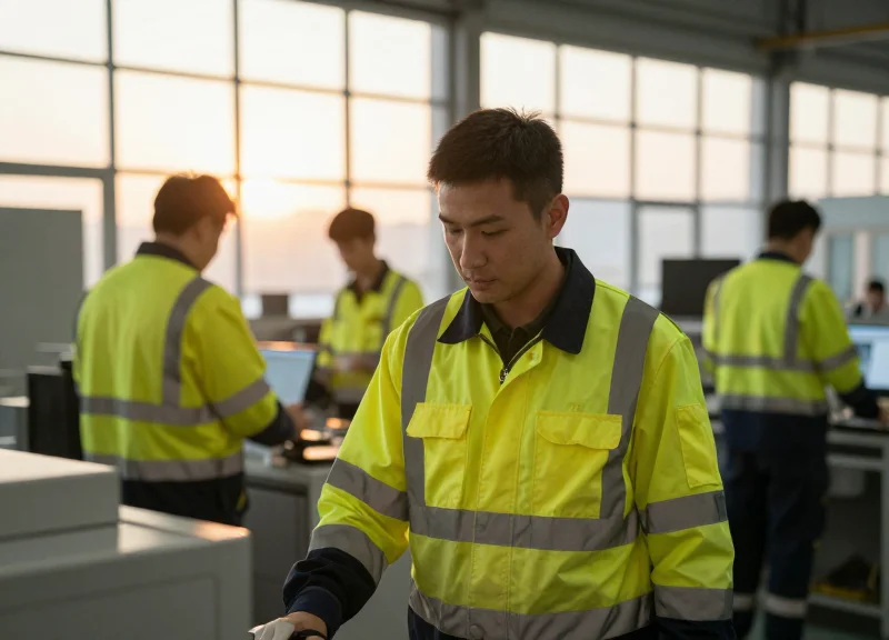 Modern industrial facility with workers wearing high-visibility smart uniforms in a clean 2026 setting