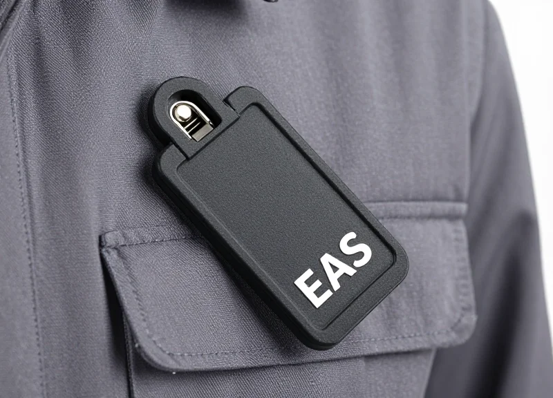A professional EAS security tag attached to a gray industrial uniform fabric