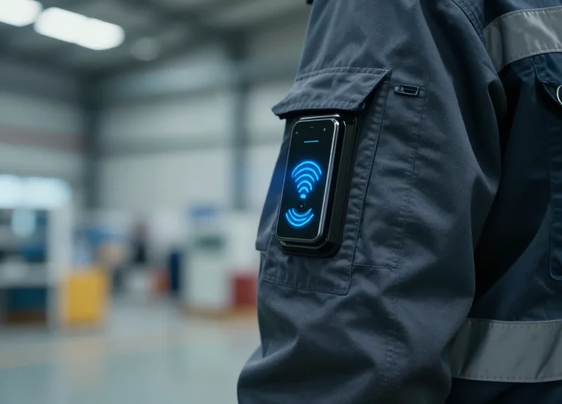 Close-up of a modern industrial uniform with an embedded smart RFID sensor, featuring subtle glowing circuitry in a high-tech factory environment.