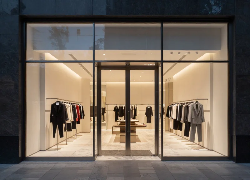 A high-end luxury fashion boutique entrance with minimalist glass architecture and soft warm interior lighting, showing no visible security pedestals.