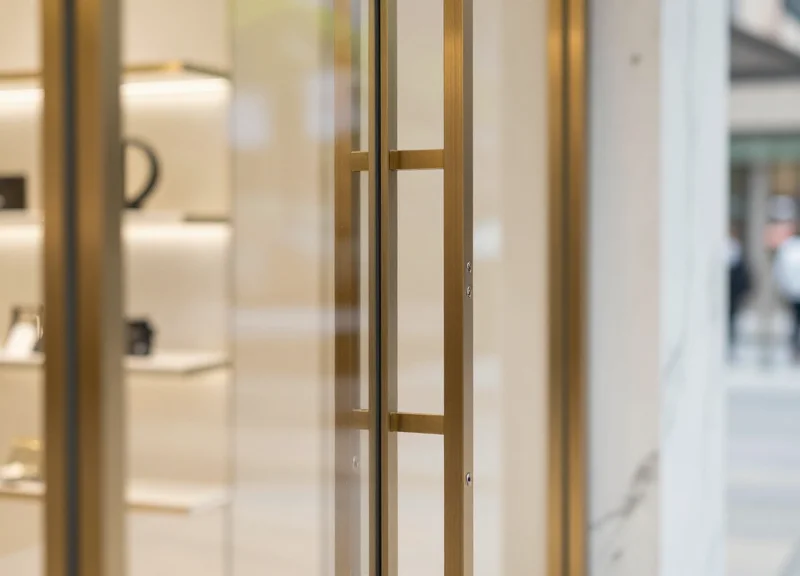 Close-up of a seamless architectural door frame in a luxury store featuring premium gold and marble materials with hidden security integration.