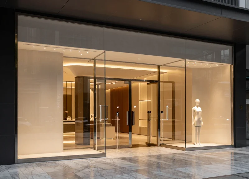 A sophisticated and minimalist luxury boutique entrance with floor-to-ceiling glass, marble accents, and sleek integrated security features that blend into the high-end architectural design.