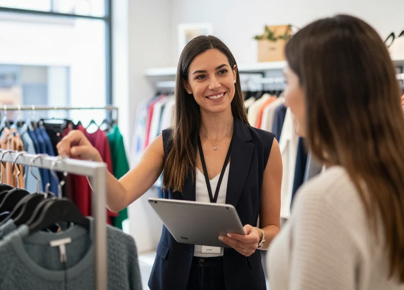Retail staff interacting smoothly with a customer in a fashion store without visible security interruptions.