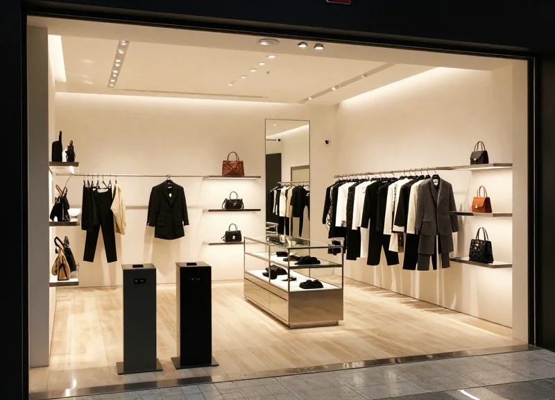 A high-end luxury fashion boutique interior featuring elegant clothing displays, minimalist design, and modern security pedestals at the entrance.