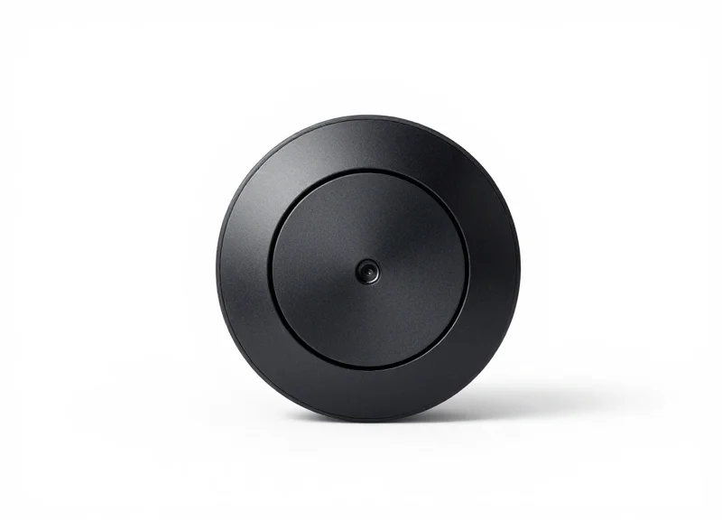 A tiny 15mm micro-security sensor in matte black finish on a pure white background.