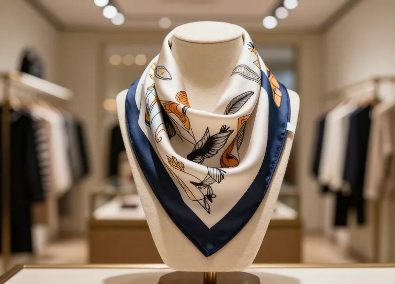 A designer silk scarf on display in a luxury boutique with a discreet security tag attached.