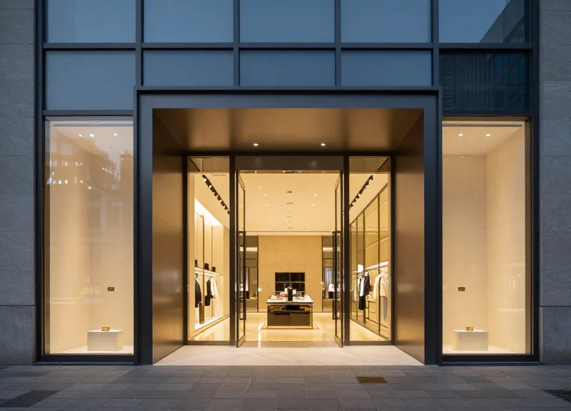 A luxury brand flagship store entrance with a wide, open doorway and no security pedestals.