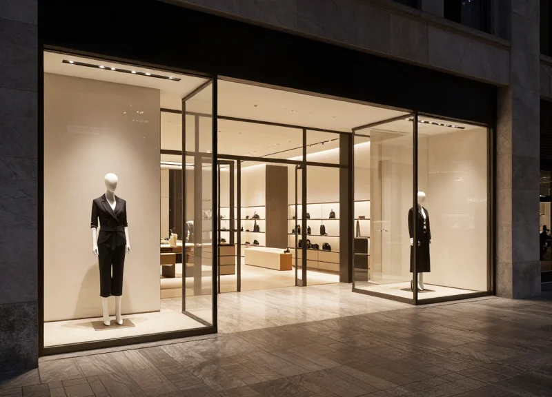 A wide-angle view of a minimalist luxury boutique entrance with polished marble floors and high-end fashion displays, showing a clean passageway without any visible security pedestals.