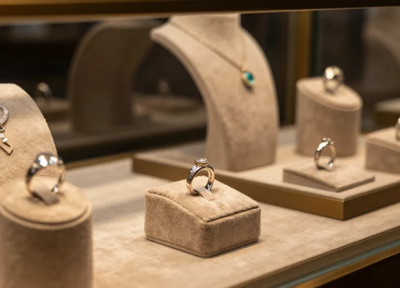 A close-up view of a luxury jewelry display case in an elegant boutique with soft lighting.