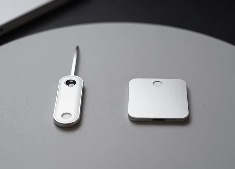 Two types of jewelry security tags side-by-side on a minimalist surface to compare EAS and RFID designs.