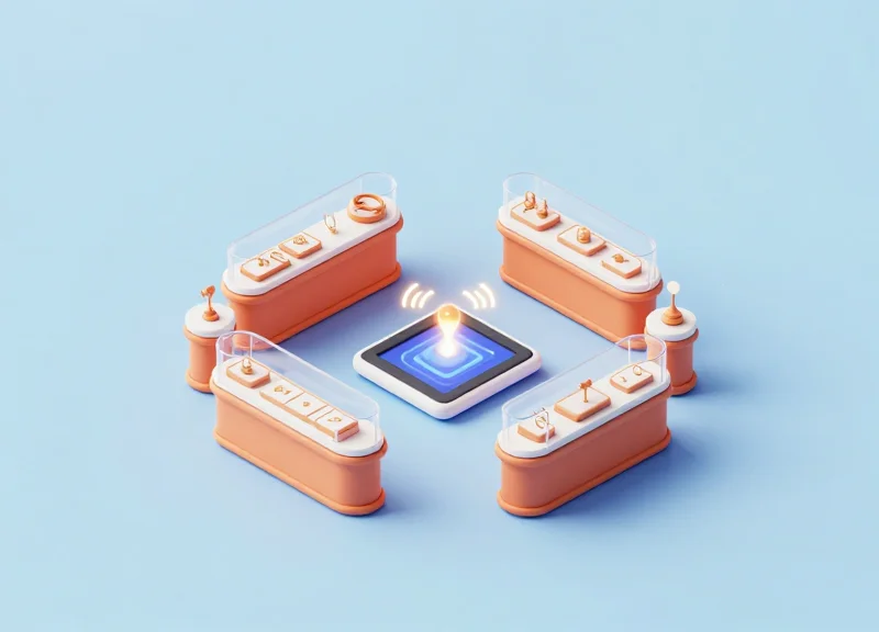 Isometric 3D model showing a jewelry store inventory system with connected RFID signals.