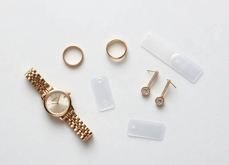 A professional flat lay of luxury jewelry items like gold rings and a watch, accompanied by small, elegant, discrete security tags on a white marble surface.