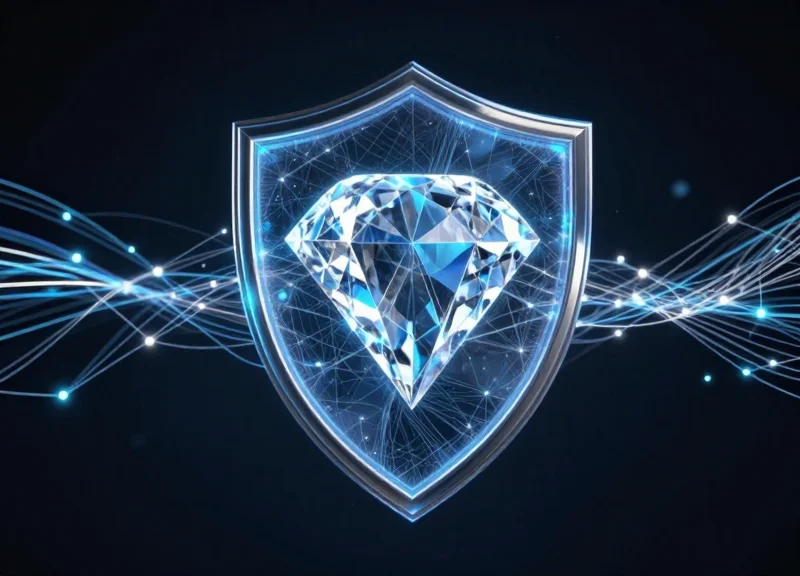 Abstract digital shield with glowing blue data streams protecting a crystalline diamond icon.
