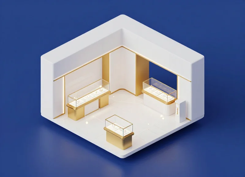 A clean isometric 3D illustration of a luxury jewelry boutique with integrated security zones and modular display cases.
