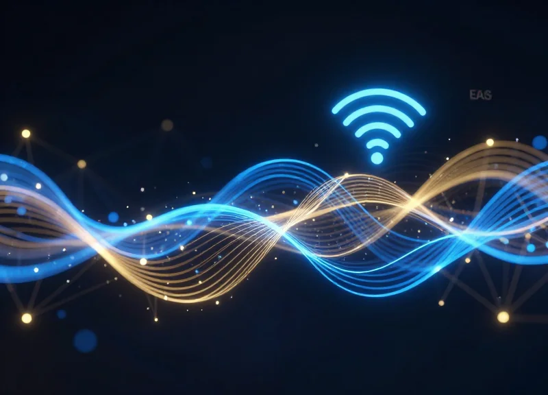 Abstract visualization of overlapping EAS and RFID signal waves in a high-tech security environment.