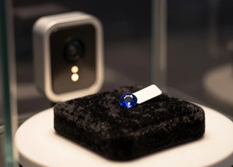 A macro photograph of a 15mm high-value gemstone with a delicate precision security tag attached, displayed inside a glass case with a security sensor in the background.