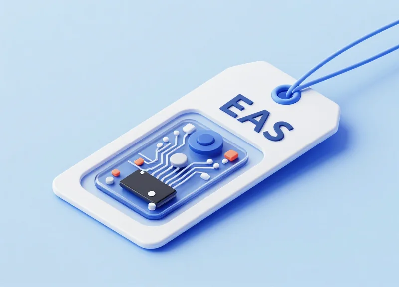 Isometric 3D model of a hybrid security tag showing its internal dual-layer technology components.