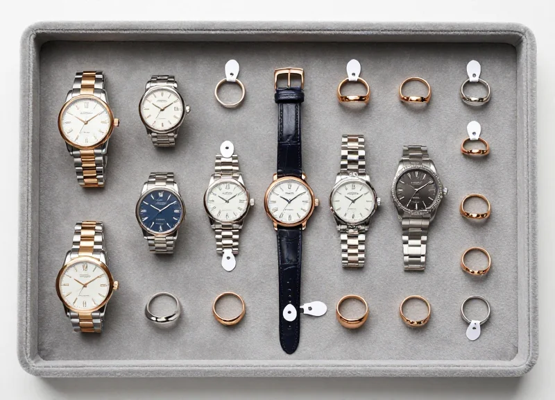 Top-down view of organized jewelry items with small discreet security tags for inventory tracking.