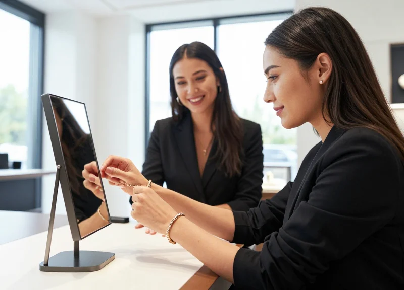 A customer trying on jewelry in a bright, modern store environment representing a frictionless experience.