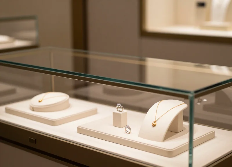 A high-end luxury jewelry display case in a modern retail boutique, featuring sparkling rings and necklaces with elegant cinematic lighting and a shallow depth of field.