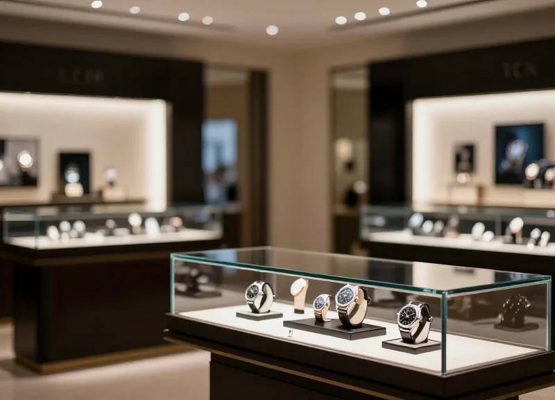 The interior of a high-end luxury watch boutique with elegant glass displays and warm lighting.