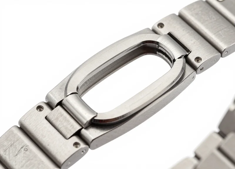 Macro detail of a non-damaging security clamp attached to a watch bracelet.