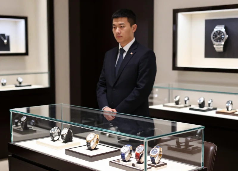 A professional security guard in a suit standing discreetly near a high-end watch display in a modern boutique