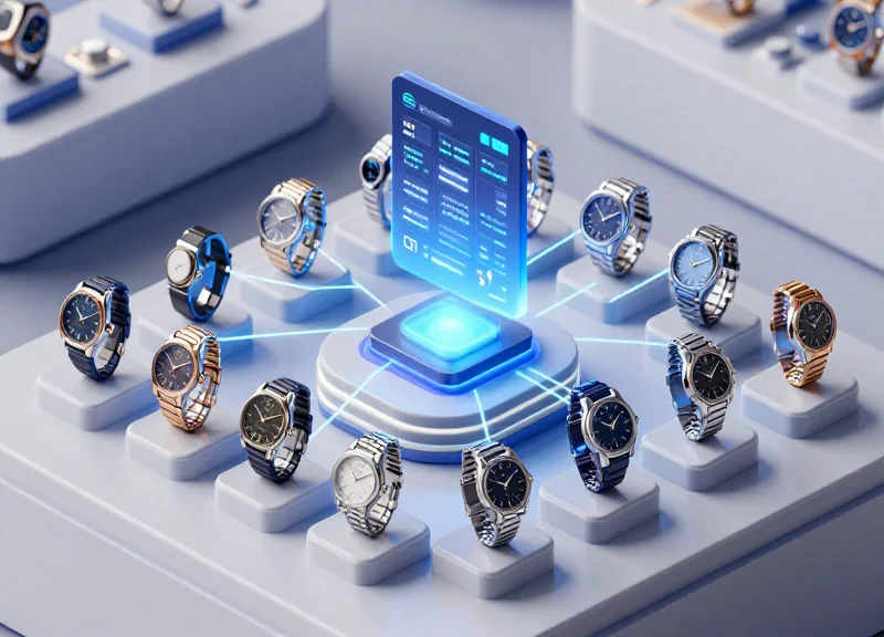 Isometric 3D illustration of a luxury watch display system where each watch is connected by glowing digital lines to a central tracking hub, representing a secure RFID network.