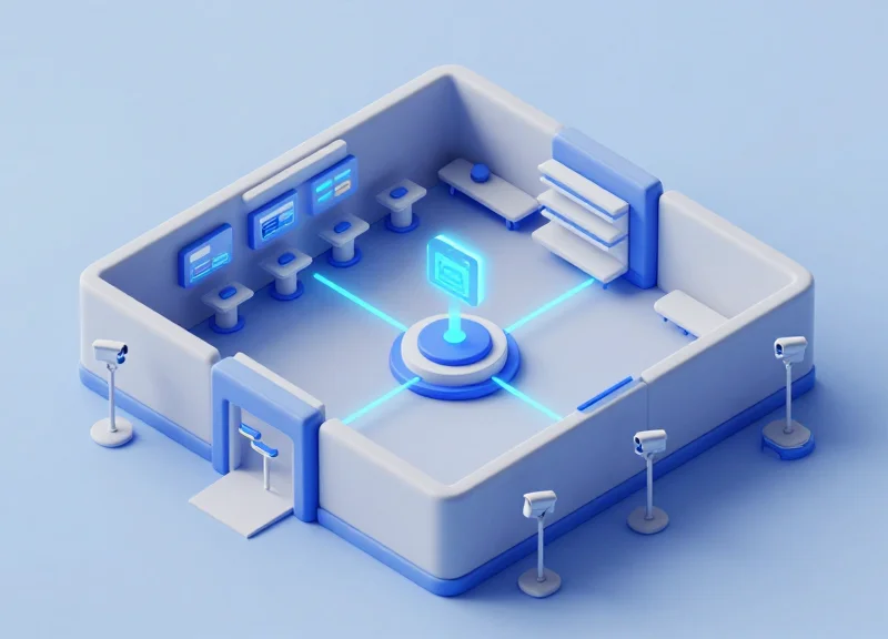Isometric 3D model of a retail store security ecosystem.