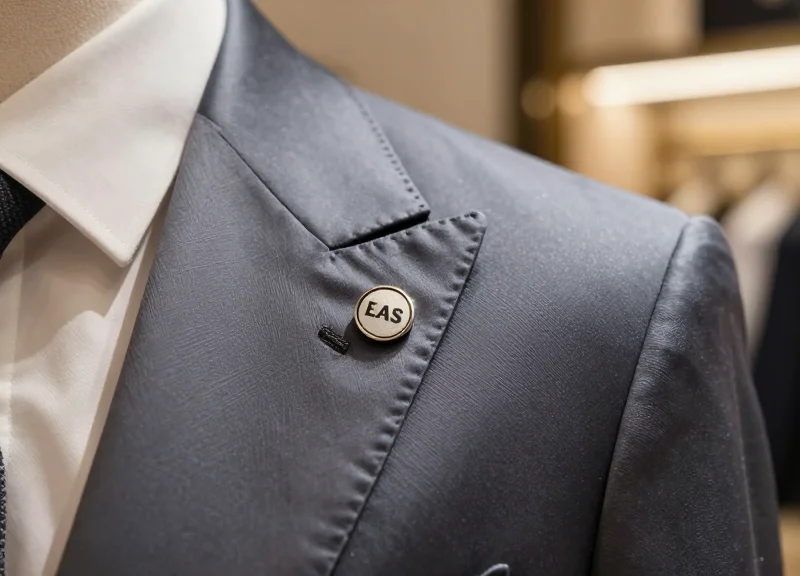 Close-up of a small, sleek 15mm EAS security pin attached to the seam of a high-quality designer garment in a luxury retail setting.
