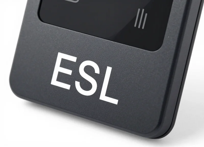Close-up of a high-tech ESL-RFID hybrid tag for luxury watches on a white background.