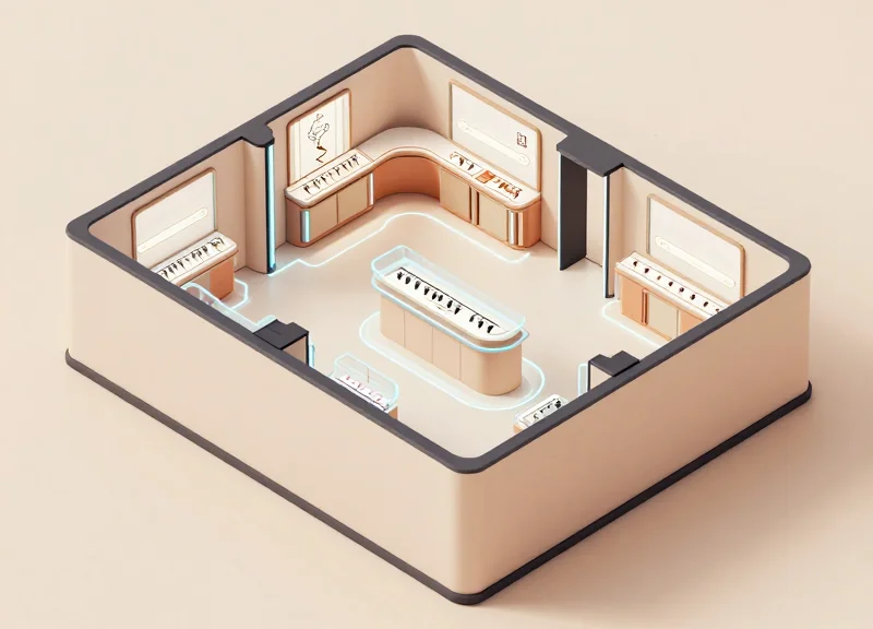 Isometric 3D model of a luxury store floor plan with invisible geofencing zones.