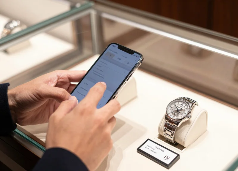 A watch collector interacting with a digital display tag in a high-end store.