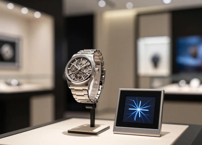 A close-up of a high-end luxury watch on a minimalist stand inside a glass display case with a sleek, glowing electronic shelf label nearby in a professional retail setting.