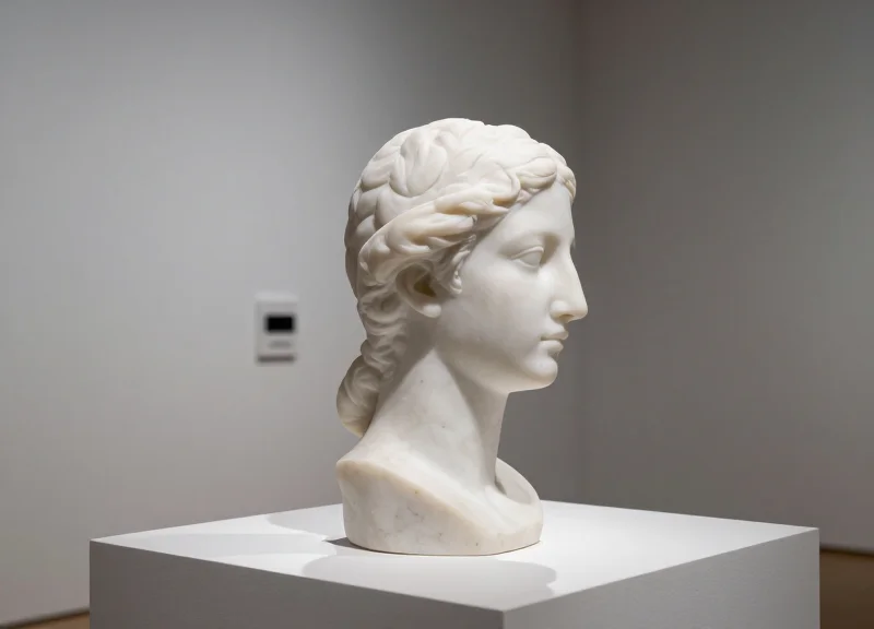 A high-end minimalist art gallery featuring a delicate white marble sculpture on a pedestal, illuminated by soft museum spotlights with a clean, professional atmosphere.