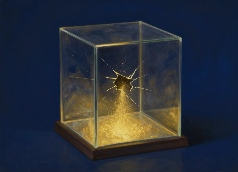 Surreal illustration of golden particles leaking from a glass box representing retail loss