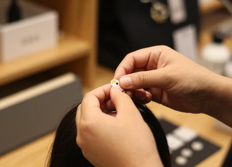 Retail staff member applying a small tag to a product in a boutique