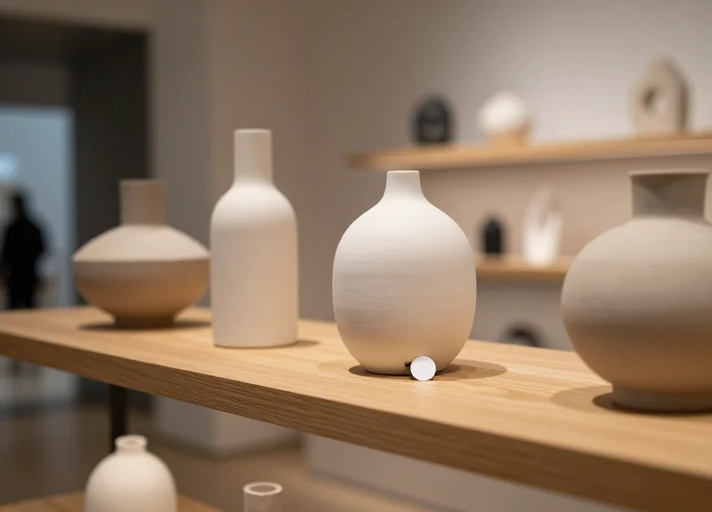A close-up of a high-end contemporary art gift shop display with elegant ceramic sculptures and a tiny, discreet security tag attached to a designer item.