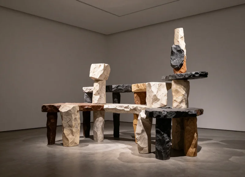 A wide cinematic shot of a complex modern sculpture in a minimalist art gallery