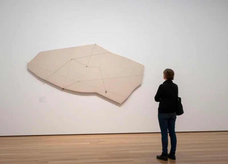 A visitor viewing an abstract sculpture where the security is nearly invisible