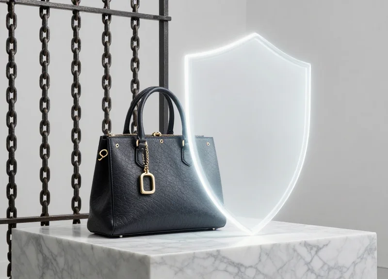 Conceptual illustration showing the transition from heavy physical locks to an invisible glowing energy shield around a luxury item.