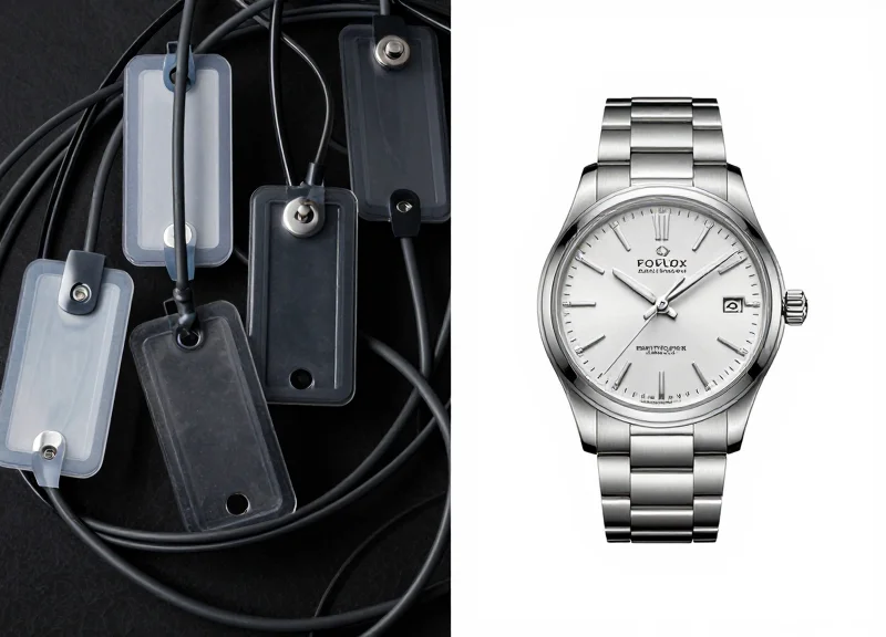 Side-by-side comparison of a luxury product with and without visible security tags.