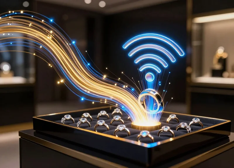 Abstract visualization of RFID signals as glowing light trails connecting luxury items in a store.