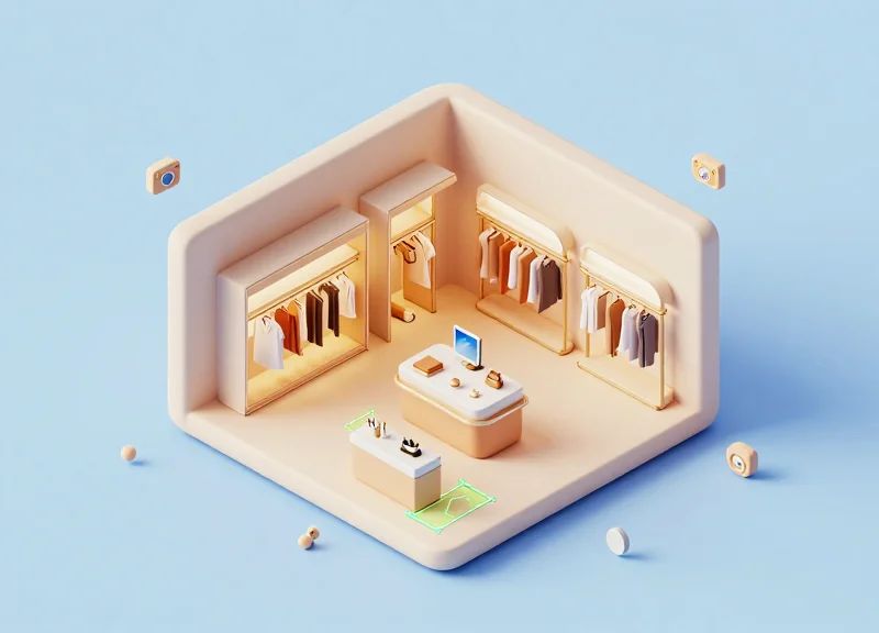 3D isometric model of a luxury retail space with invisible security camera zones.