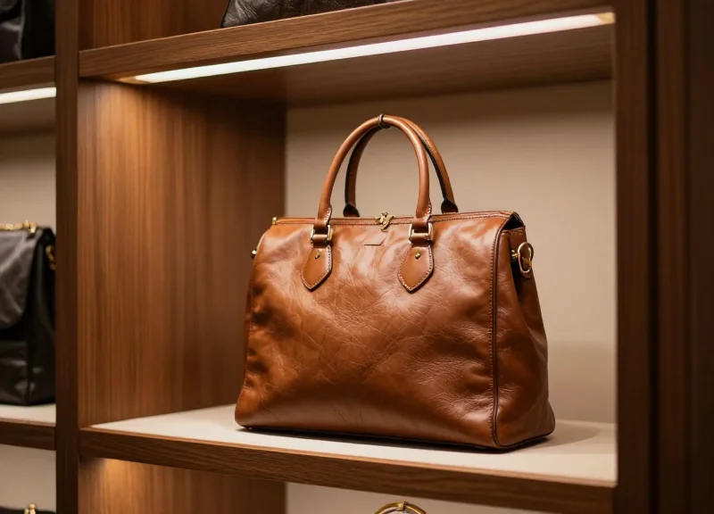 A close-up of a high-end vintage leather handbag displayed in a luxury boutique with elegant lighting.