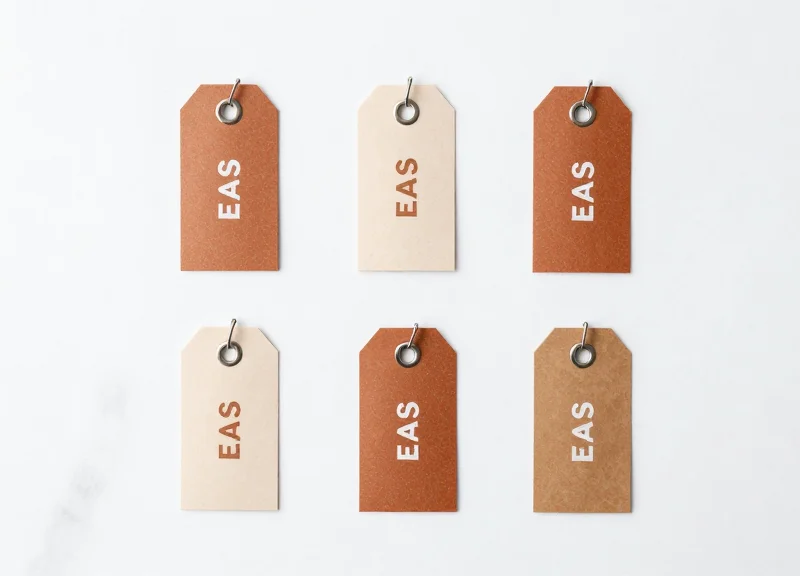 A collection of five different non-damaging security tags neatly arranged on a white marble surface.