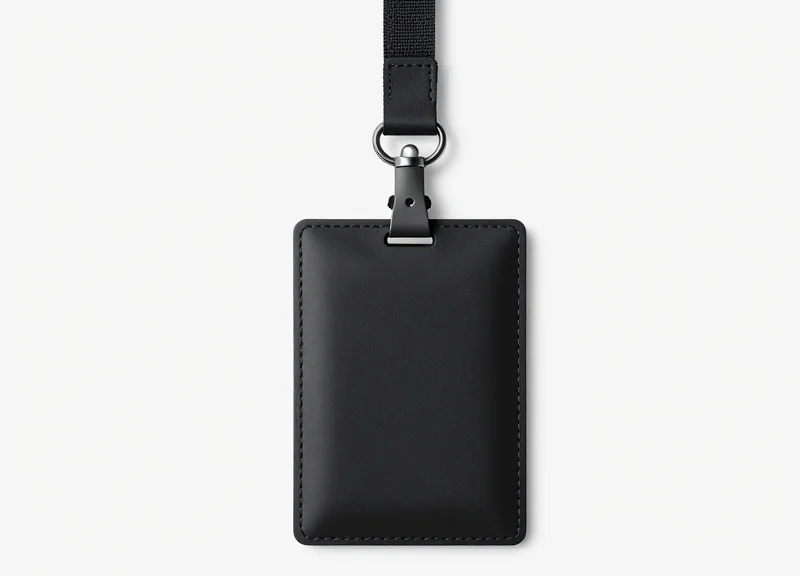A specialized black security lanyard tag attached to the handle of a designer tote bag.
