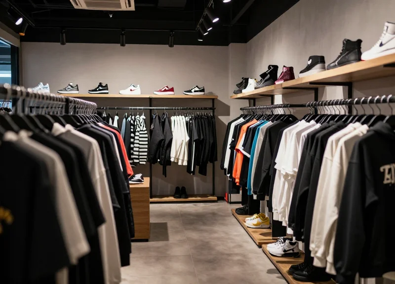 Interior of a modern high-end resale clothing store with organized inventory and security pedestals
